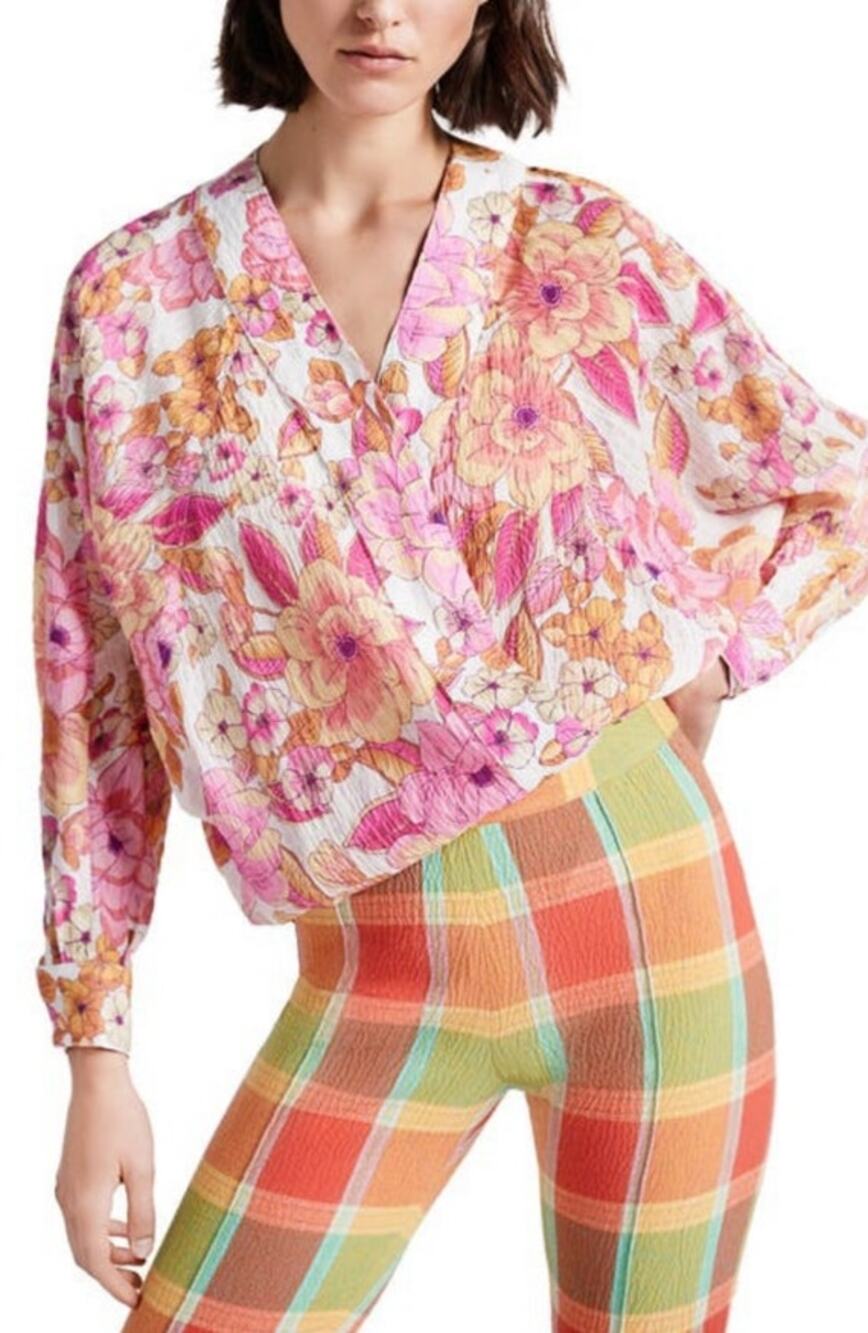 Smythe Floral Surplice Wrap Blouse Pink Orange Retro Print Long Sleeve S Retro